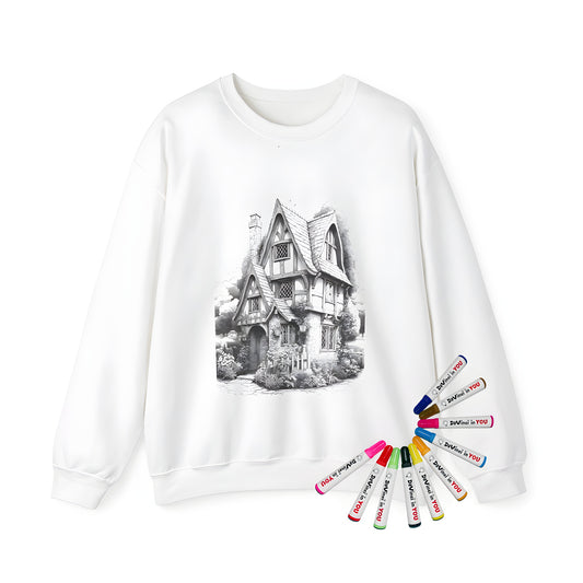 Adult sweatshirt with a cozy cottage design, featuring stone walls, timber framing, a garden and surrounding trees. Grayscale drawing on a colorful adult sweatshirt.