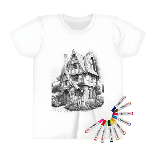 A colorful kid's t-shirt featuring an adorable cottage scene with stone walls, timber framing, garden, and trees for kids to color with fabric markers.