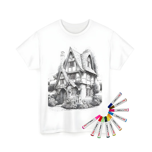 Unisex T-shirt with colorful cottage design featuring stone walls, timber framing, a garden and surrounding trees.