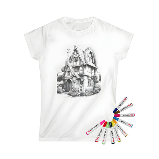 Women's t-shirt with a whimsical cottage design featuring stone walls, timber framing, and a garden