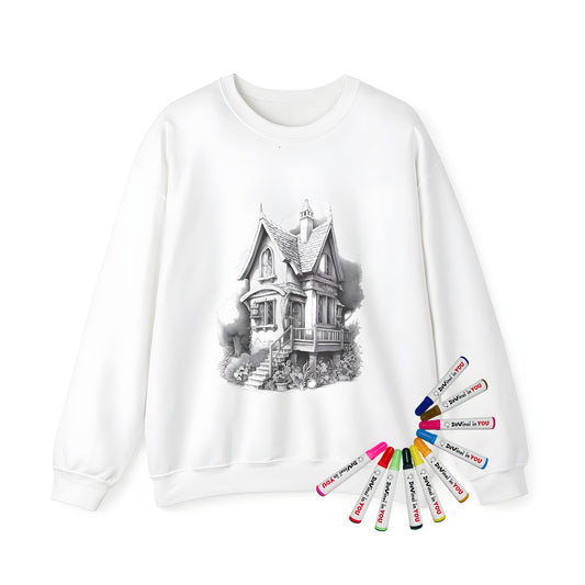 Adult sweatshirt featuring a whimsical fairytale cottage scene with trees and plants, inspired by coloring book art