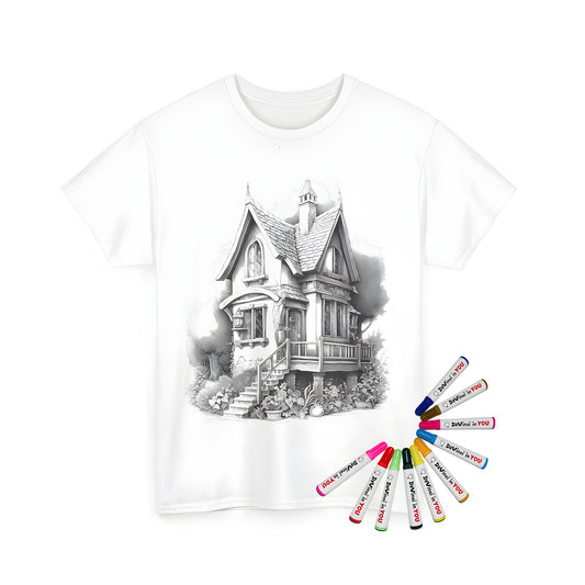 Quaint countryside house coloring page design on unisex t-shirt