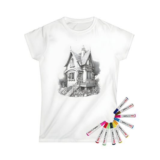 Women's t-shirt with detailed black-and-white cottage design surrounded by trees and plants