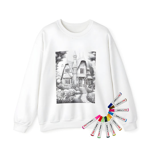 Adult sweatshirt featuring a fantasy cottage design with stone and wood elements, surrounded by lush garden and trees.