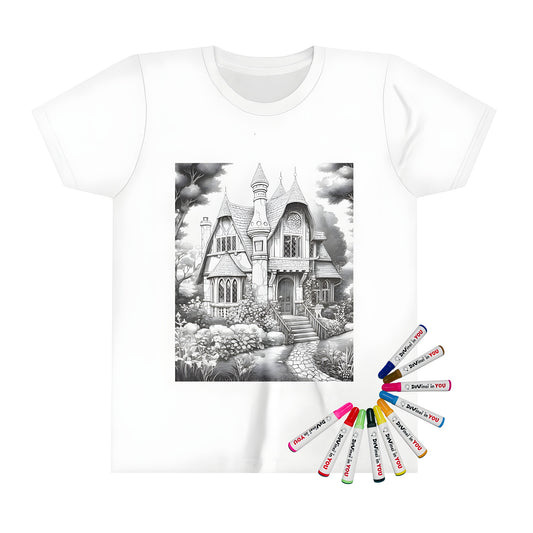 Colorful kids t-shirt featuring an enchanting fantasy cottage scene with stone, wood, garden, and tree elements.