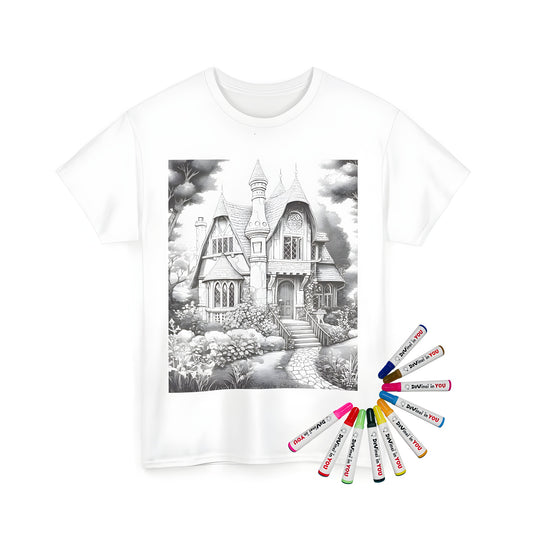 A fantasy-themed unisex t-shirt featuring an intricate design of a cottage surrounded by lush gardens and trees. Perfect for fans of whimsy and magic.