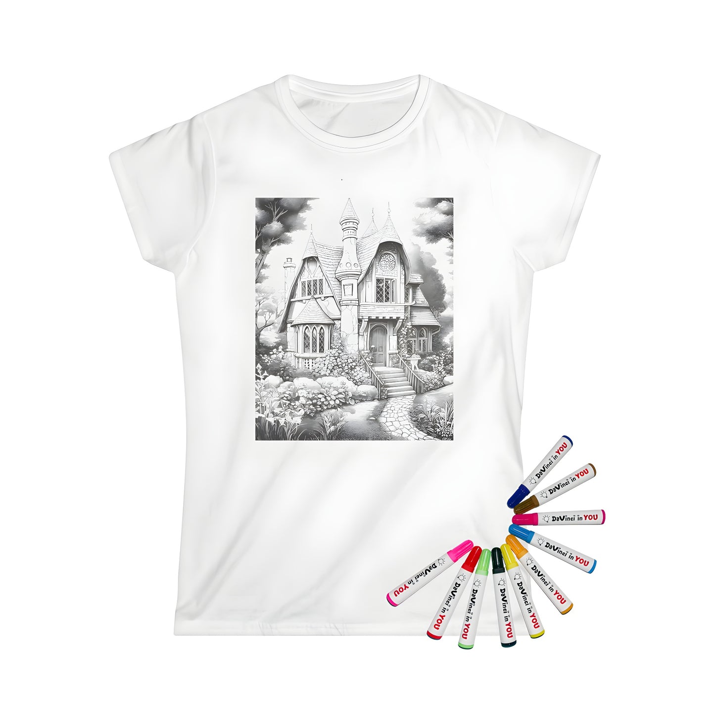 Women's graphic t-shirt featuring an enchanting fantasy cabin illustration, surrounded by vibrant garden elements and whimsical woodland