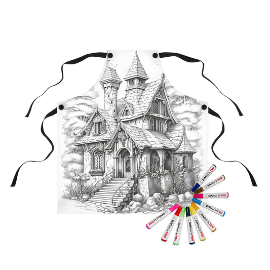 Apron featuring a whimsical illustration of a fantasy mansion with towers and stone steps amidst a serene forest background.