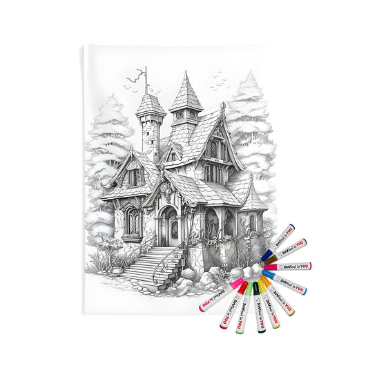 Coloring pages for adults, Fantasy Castle, Dreamhouse, Whimsical Home, Cozy Cottage, Stone Mansion, Fairy Tale Manor, Indoor Wall Tapestries with a detailed pencil sketch of a scenic forest and towers