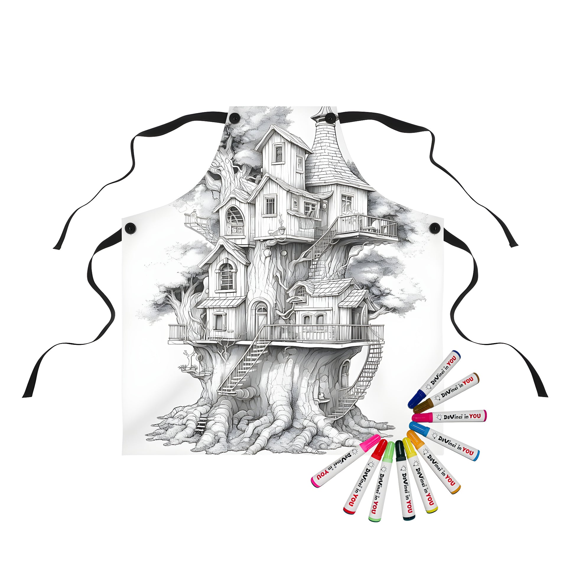 Whimsical treehouse apron design with intricate details and colorful fabric markers