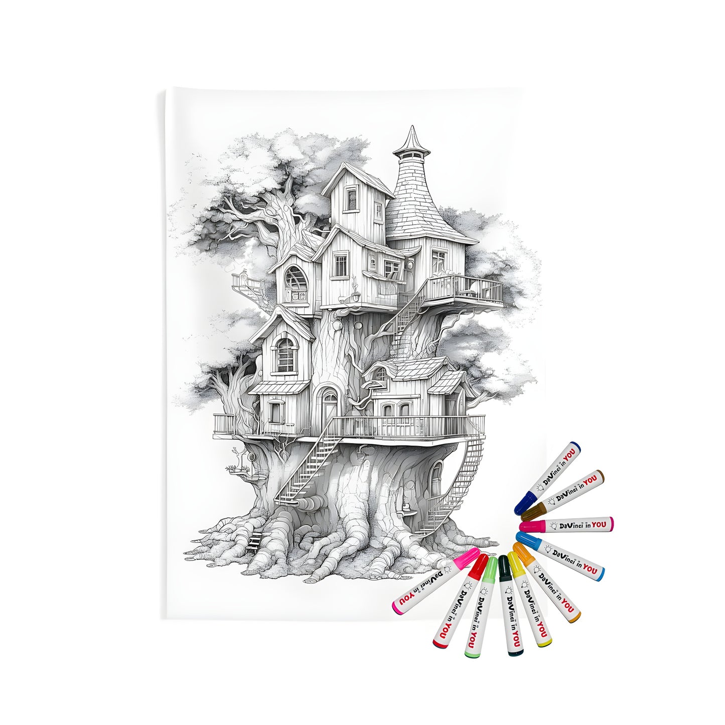 Indoor wall tapestries for home decor, fantasy treehouse themed, colorful illustration of whimsical treehouse