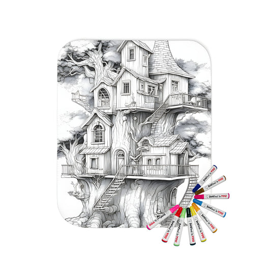 Coloring kit blanket with whimsical treehouse design featuring intricate details, stairs, and balconies - kids' art supplies