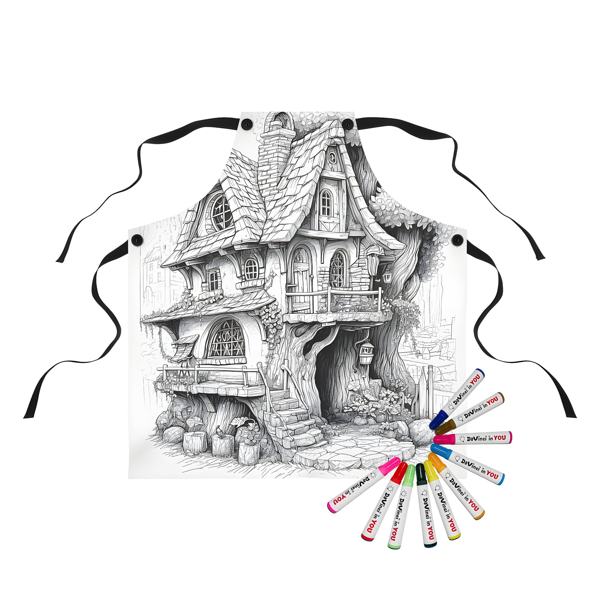 A detailed black-and-white sketch of a rustic cabin or lodge built around a large tree, featuring stone steps and wooden elements, printed on an apron with vibrant fabric markers