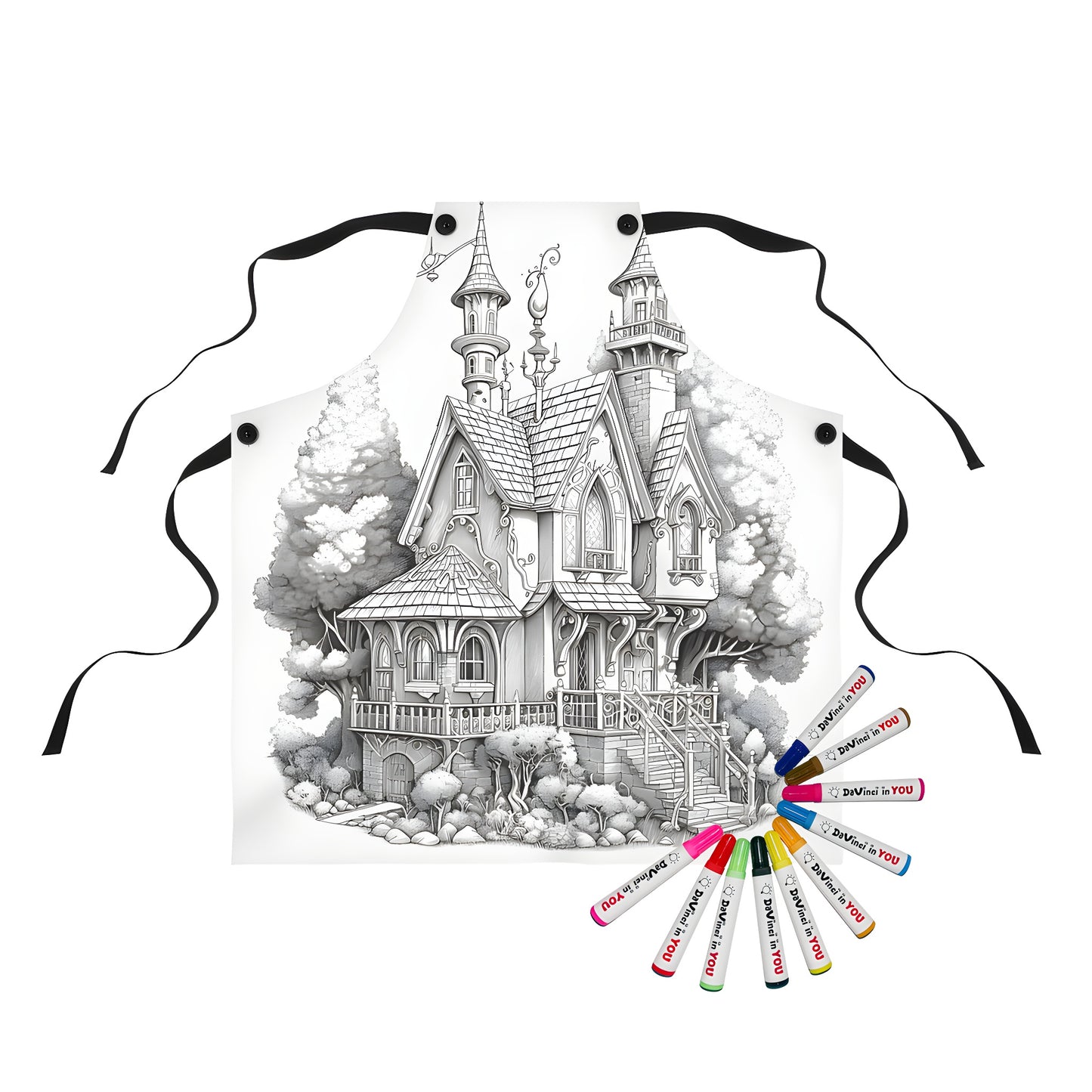 Whimsical fantasy house apron featuring detailed illustration of turrets and ornate features surrounded by trees