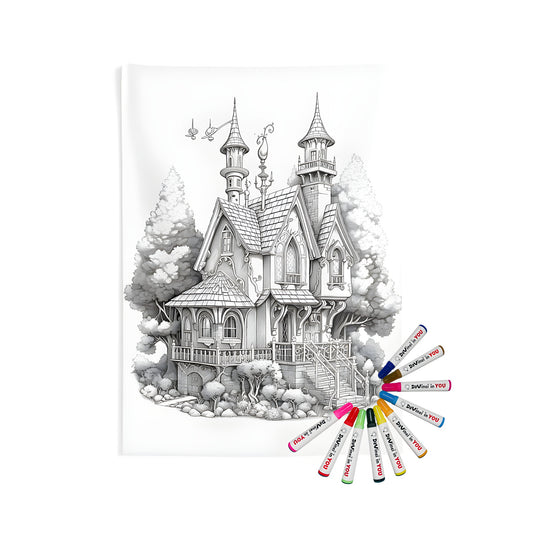 Colorful wall tapestry of a whimsical fantasy mansion with towers and intricate details