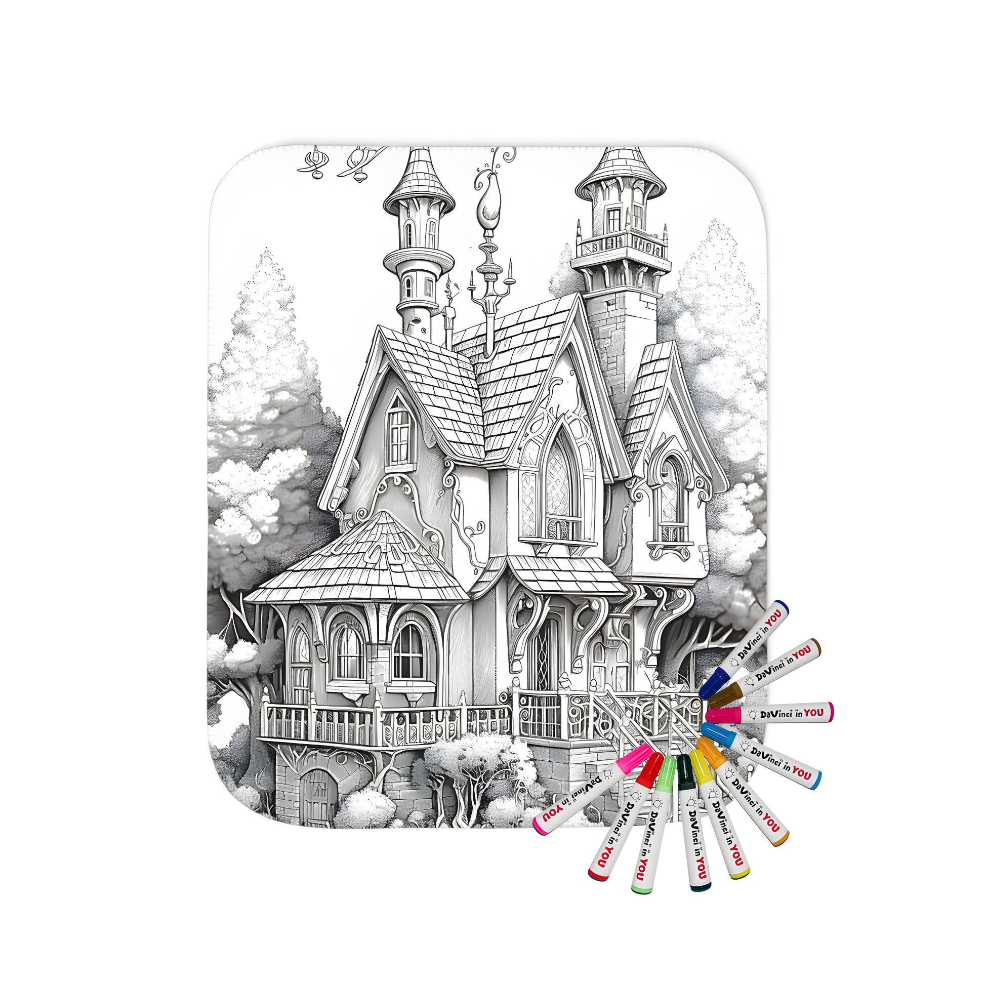 Colorful blanket featuring an enchanted mansion illustration with towers and intricate details