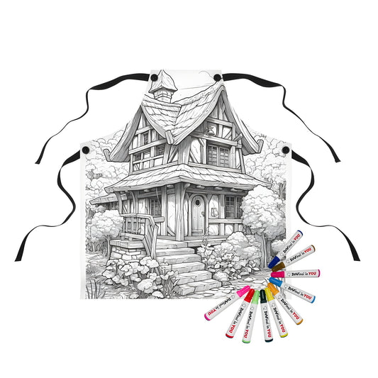 Apron featuring a whimsical cottage design with intricate details, perfect for coloring enthusiasts.