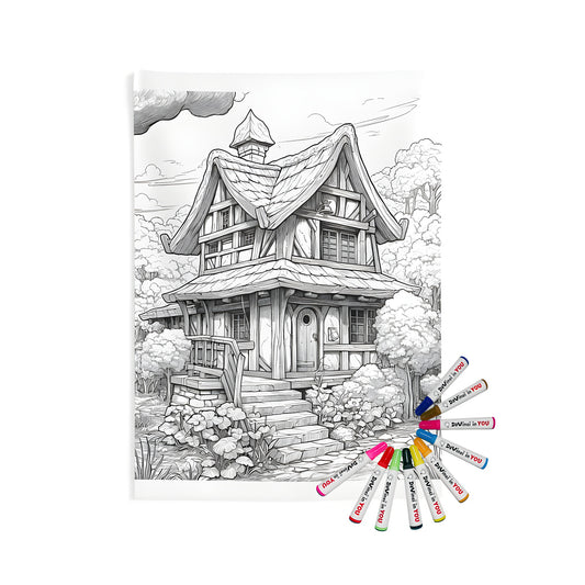 Indoor wall tapestry featuring a whimsical cottage scene with detailed drawing of a fairytale-like house, staircase, surrounded by trees and plants, perfect for bedrooms or living rooms