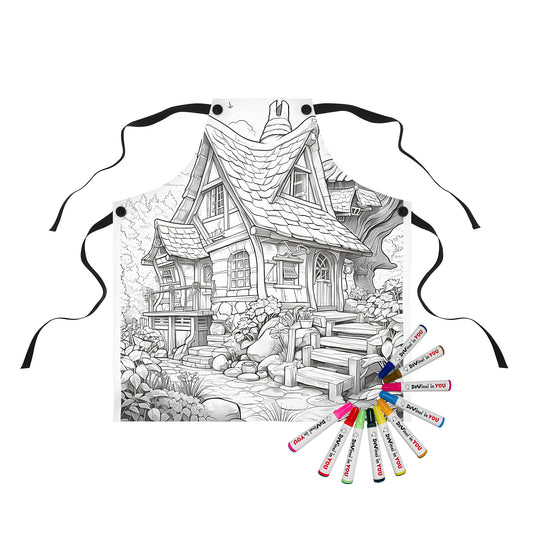 Whimsical apron with a fairytale cottage design, surrounded by lush greenery, cobblestone path, and wooden details