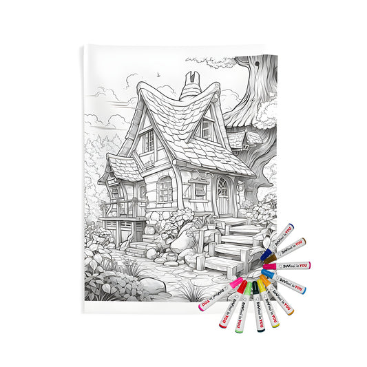 Indoor wall tapestries with coloring kit featuring a fairytale cottage, village, or homestead surrounded by lush greenery and whimsical architecture