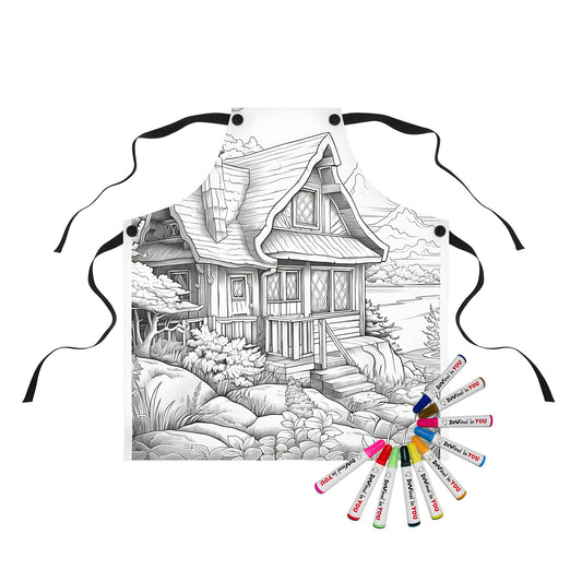 Cozy cottage apron design, cottage themed aprons, black-and-white cottage drawing on colorful apron