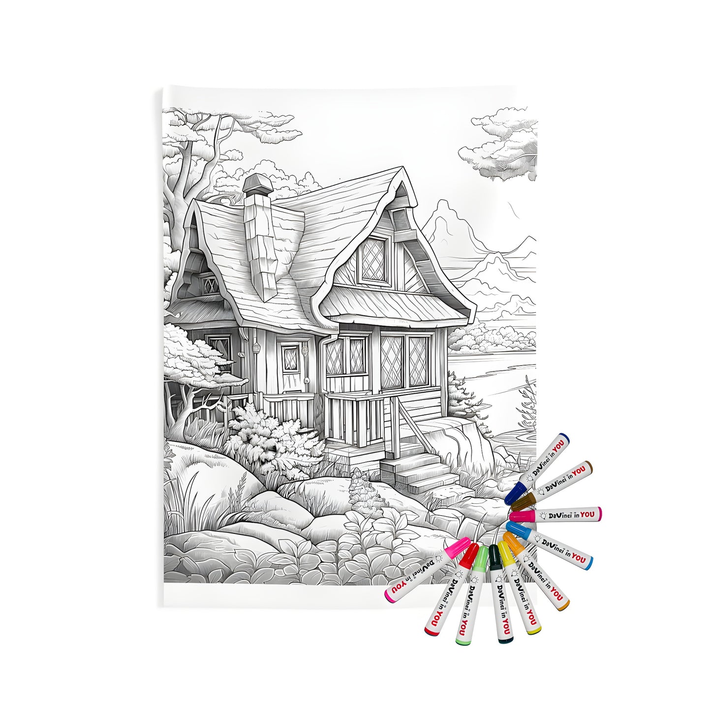 Cozy cottage home wall tapestry artwork with detailed black-and-white drawing design and fabric markers