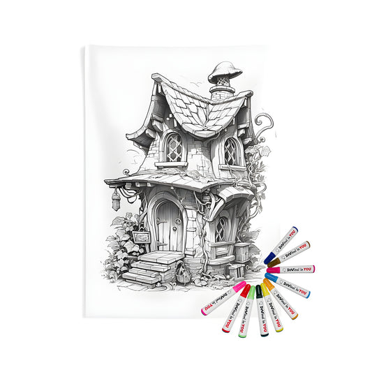 Whimsical fairytale cottage wall tapestry with mushroom chimney and vines