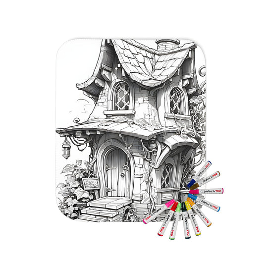 Whimsical fairytale cottage scene blanket with mushroom chimney and vines, featuring a detailed illustration of a fantasy village