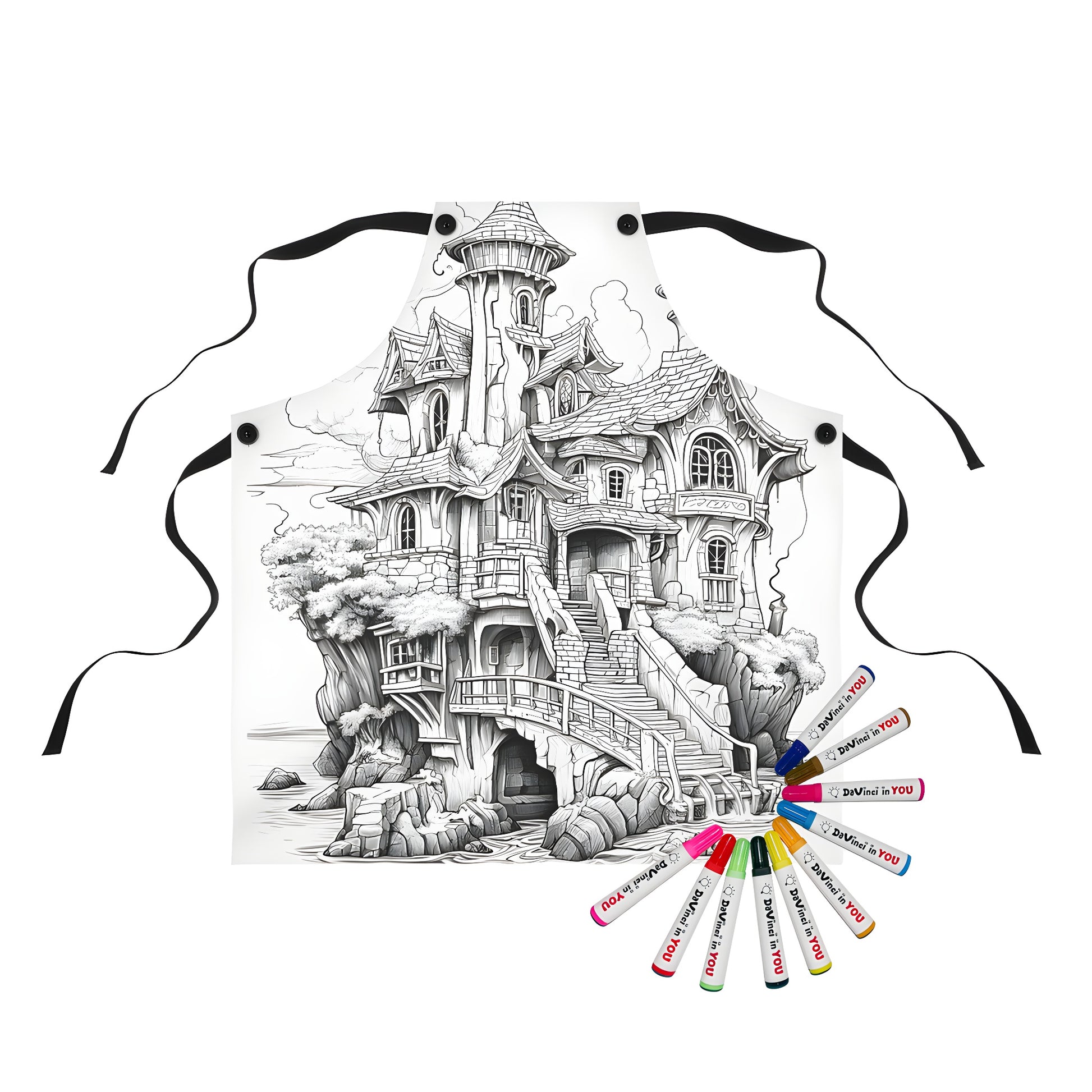 Whimsical medieval castle apron with coloring page art, fantasy landscape, turrets, trees, and clouds