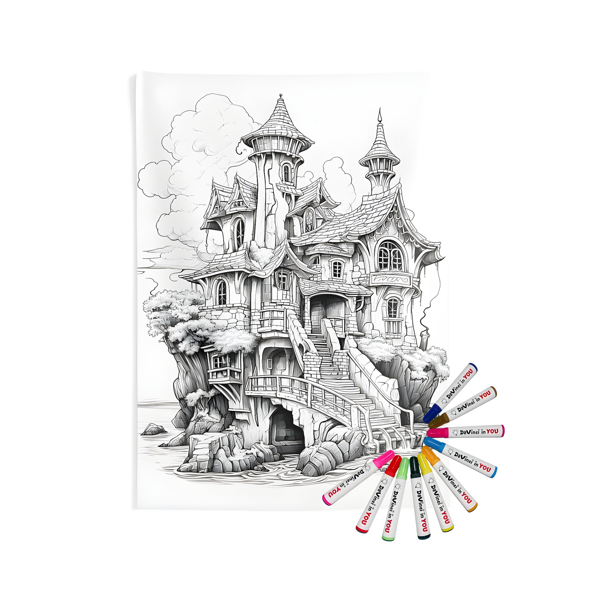 Indoor wall tapestry with whimsical fantasy castle design, featuring turrets, trees, and clouds