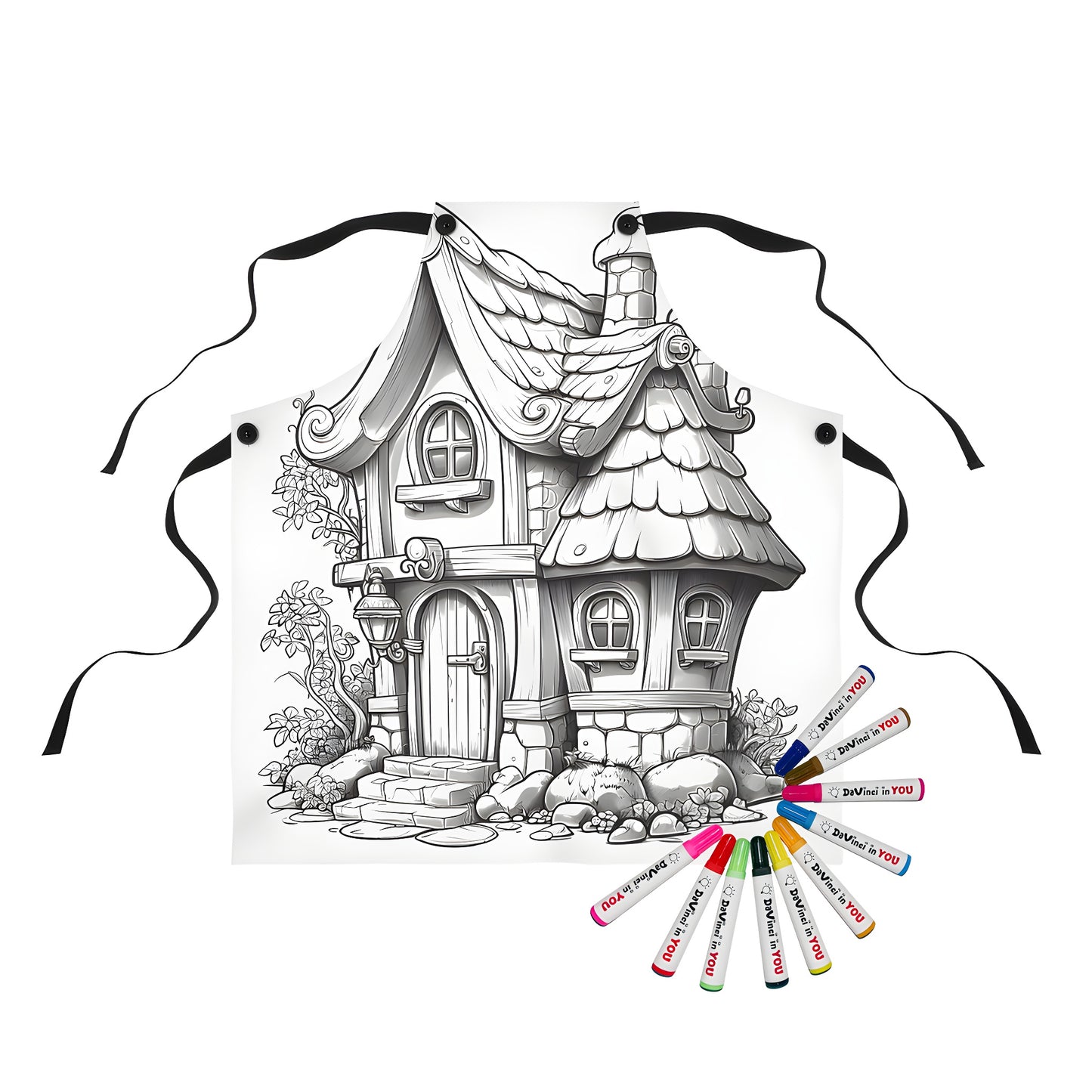 Aprons with Whimsical Enchanted Village designs, featuring detailed Castle walls, Shingled Roof, Charming Garden, and Arched Door