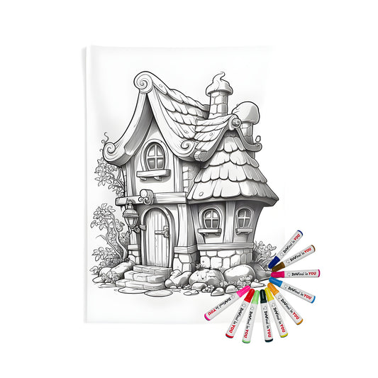 Whimsical fairytale cottage indoor wall tapestry for sale - detailed stone walls, shingled roof, charming garden and arched door