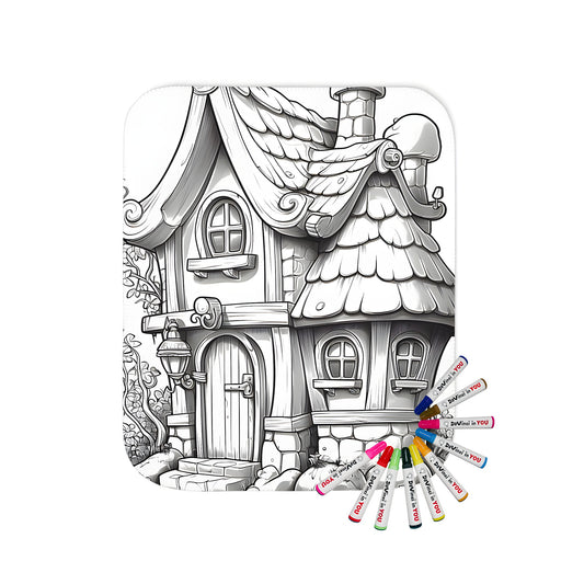 Whimsical blanket featuring a fantastical cottage scene with stone walls, a shingled roof, and a charming garden, perfect for coloring with our set of 10 fabric markers.