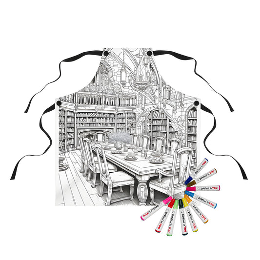 Intricately detailed line art of medieval dining room library-themed apron