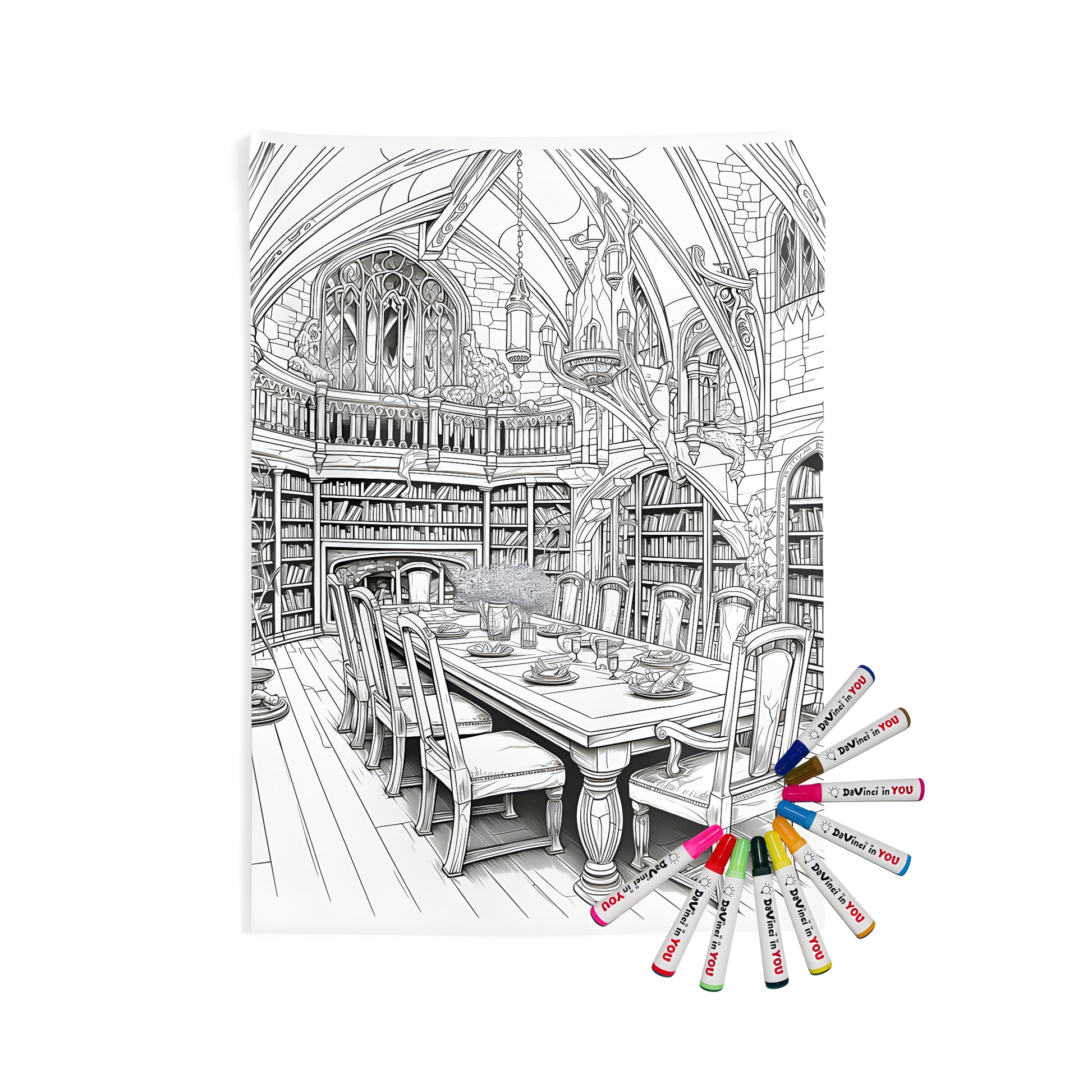 Intricately detailed line art of a medieval study, library, or parlor wall hanging, featuring grand tables, chairs, bookshelves, and gothic arches. Indoor Wall Tapestries home decor, perfect for a study room, living room, or dining area.