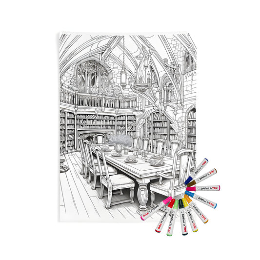 Intricately detailed line art of a medieval study, library, or parlor wall hanging, featuring grand tables, chairs, bookshelves, and gothic arches. Indoor Wall Tapestries home decor, perfect for a study room, living room, or dining area.