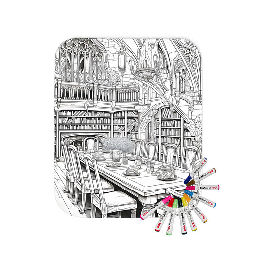 Intricately detailed medieval study library tablecloth or throw blanket with grand table, chairs, bookshelves, and gothic arches fabric art design