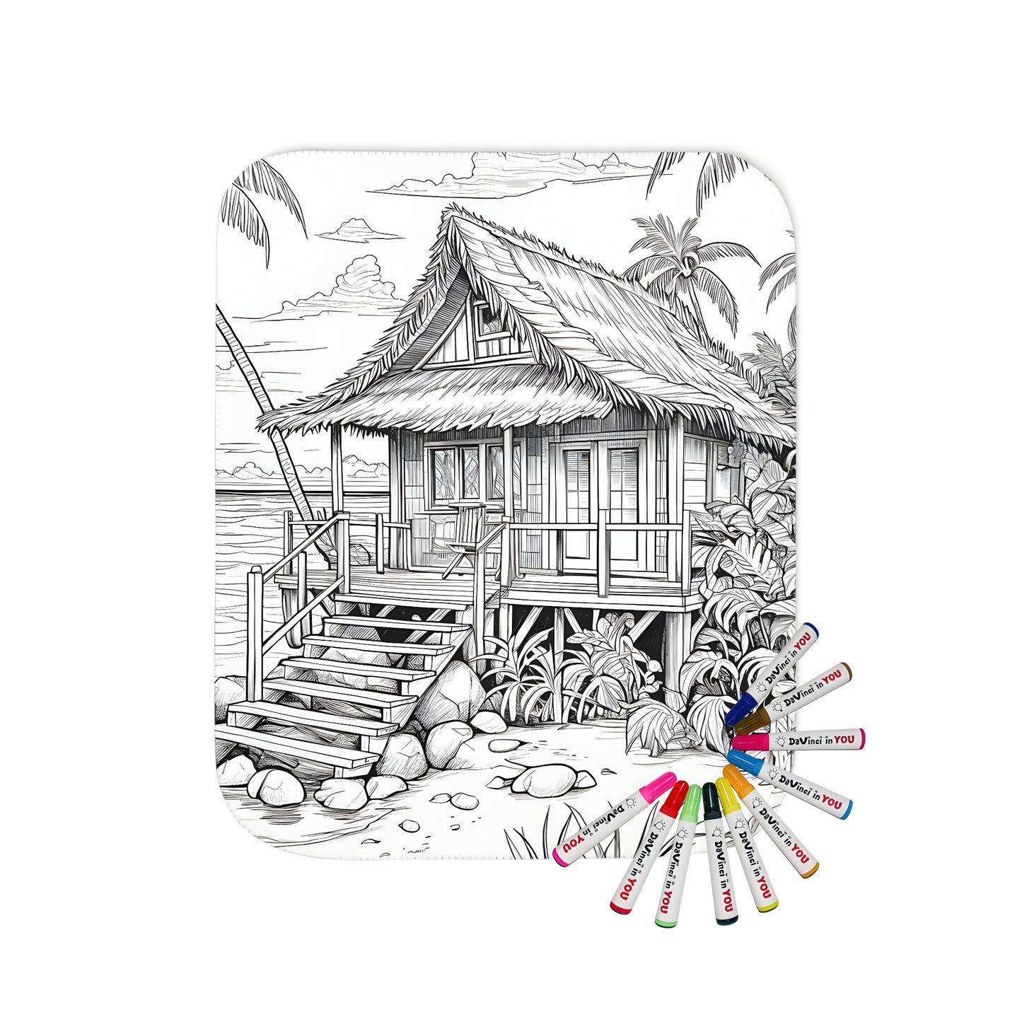 Coloring blanket featuring an island hut with palm trees, ocean view