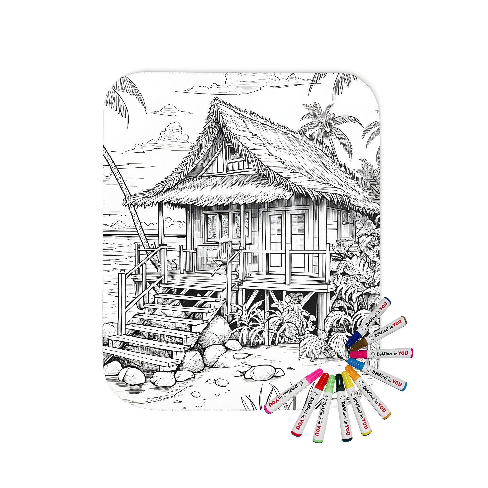 Coloring blanket featuring an island hut with palm trees, ocean view