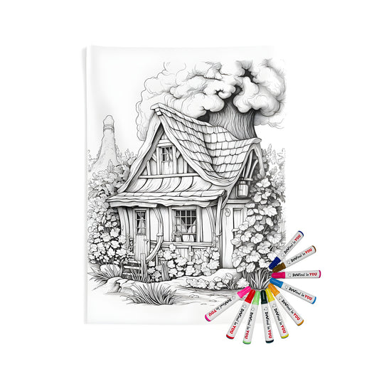 Indoor wall tapestries coloring kit with fabric markers for a whimsical cottage scene