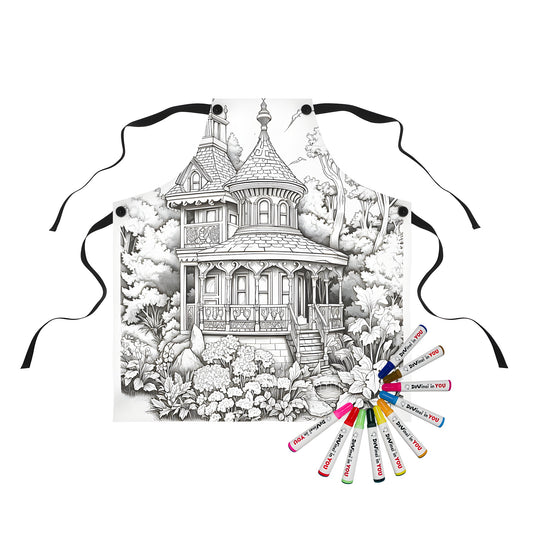 Aprons featuring intricate black and white drawings of victorian houses surrounded by nature scenes, including trees, plants, and birds in flight.