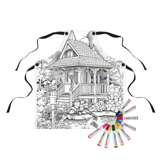 Whimsical garden cottage apron design with intricate details, perfect for spring and summer