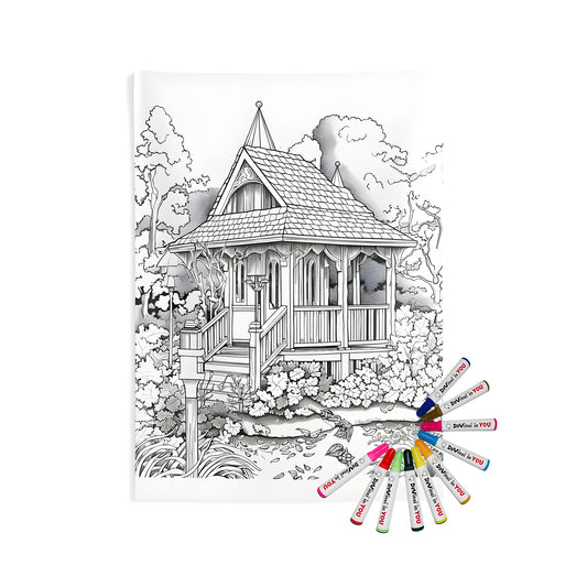 Indoor wall tapestry featuring a colorful garden cottage illustration