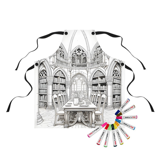 Apron with a medieval library design featuring a detailed coloring page of high arches, bookshelves, and a table with chairs. Perfect for fans of history, literature, or fantasy art.