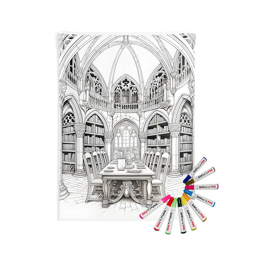 Indoor wall tapestries with medieval library scene, perfect for home decor. Includes coloring kit and fabric markers.