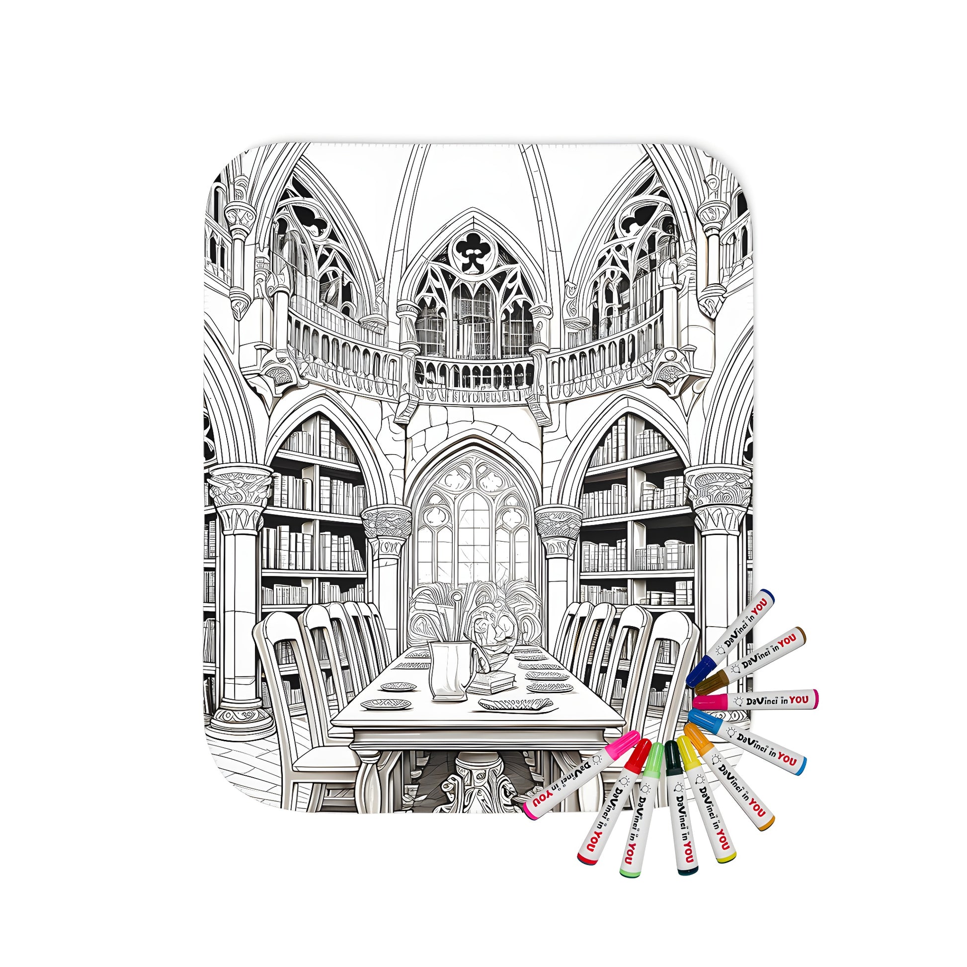 Cozy blanket with medieval library scene, featuring a detailed coloring page print of a library with high arches and bookshelves