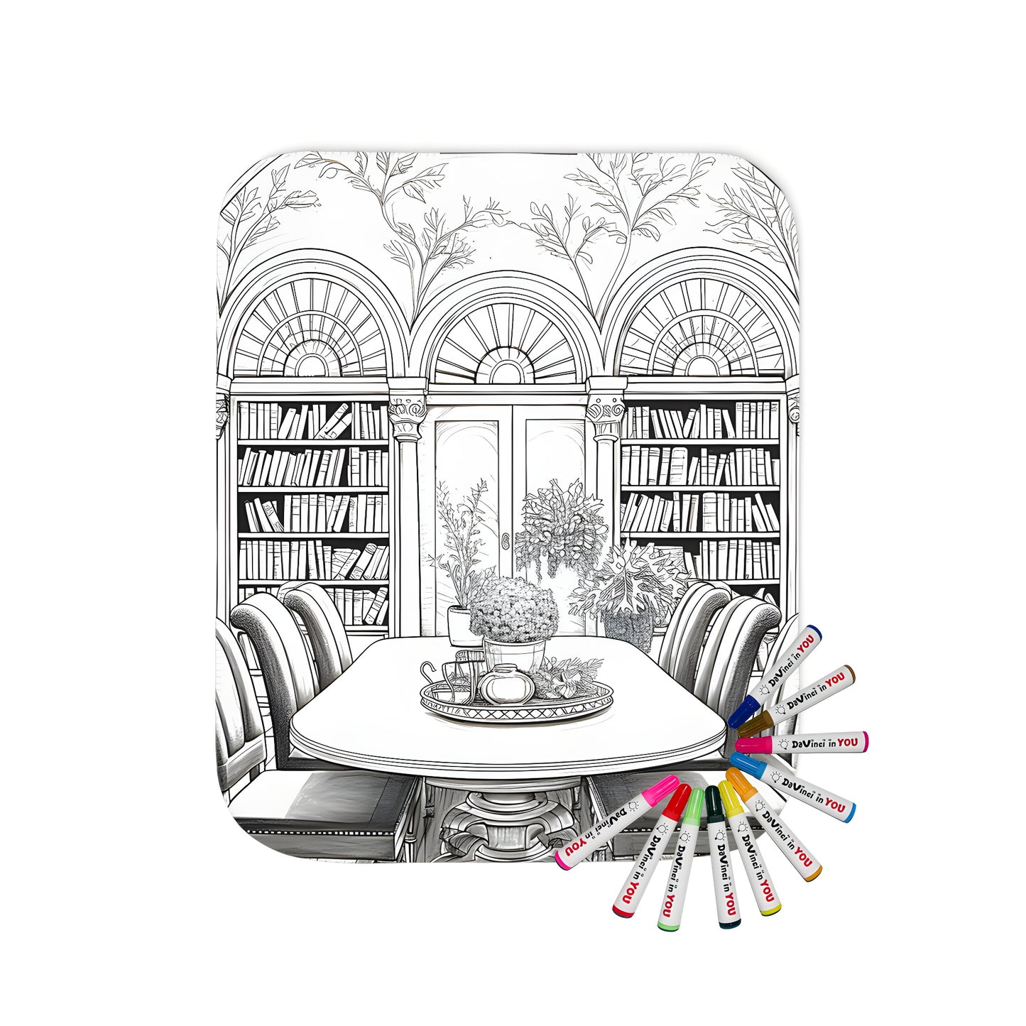 Blanket with a library room scene, arched ceilings, bookshelves, dining table, and chairs