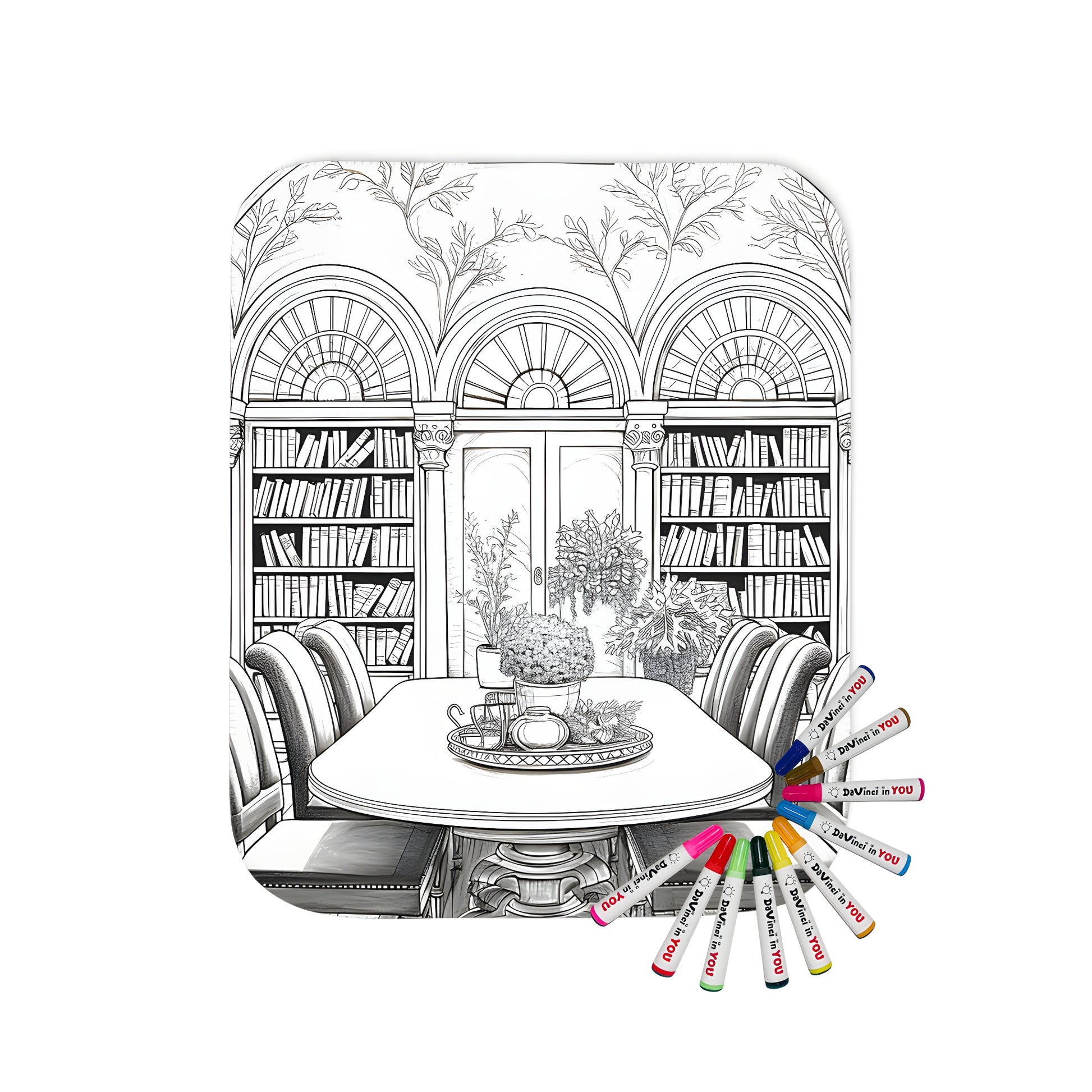 Blanket with a library room scene, arched ceilings, bookshelves, dining table, and chairs