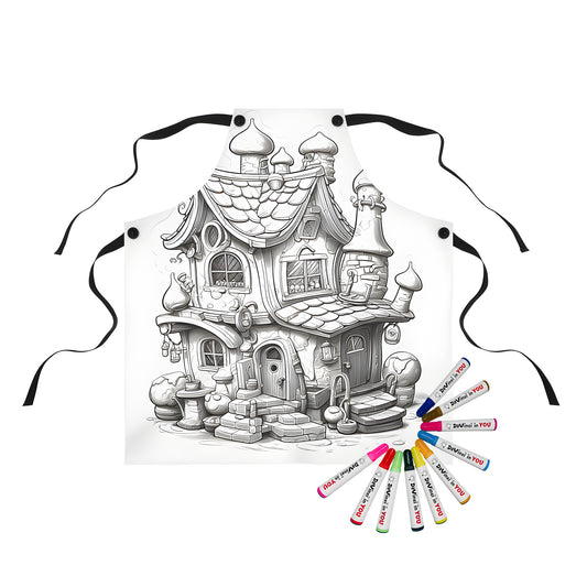 Coloring apron featuring a whimsical castle design with chimneys and round rooftops