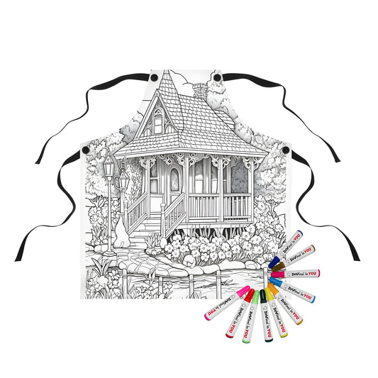 Cozy cottage apron with charming garden scene, featuring a whimsical coloring page design